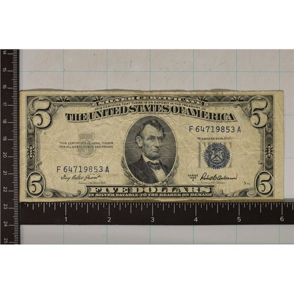 1953-A US $5 SILVER CERTIFICATE BLUE SEAL