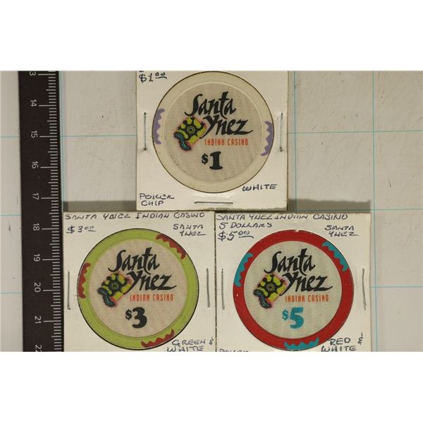 3-SANTA YNZE INDIAN CASINO CHIPS CALIFORNIA 1,3 &