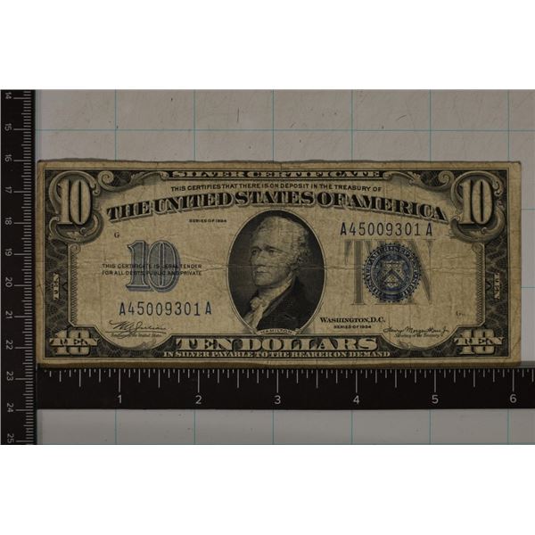 1934 US TEN DOLLAR SILVER CERTIFICATE BLUE SEAL