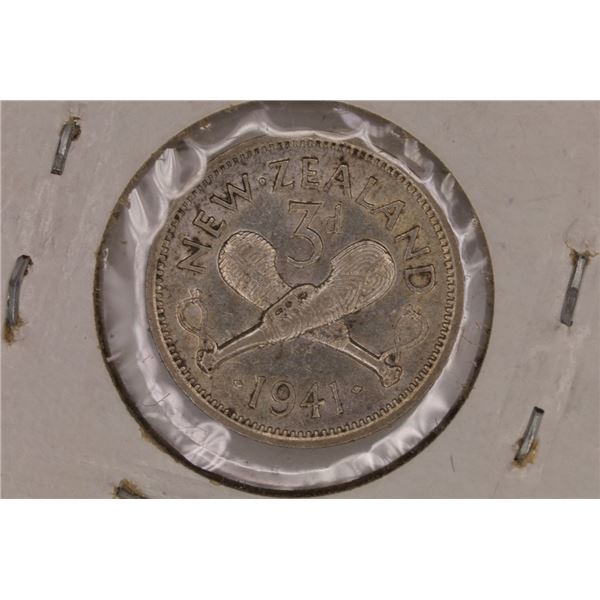KEY DATE 1941 SILVER NEW ZEALAND 3 PENCE EF