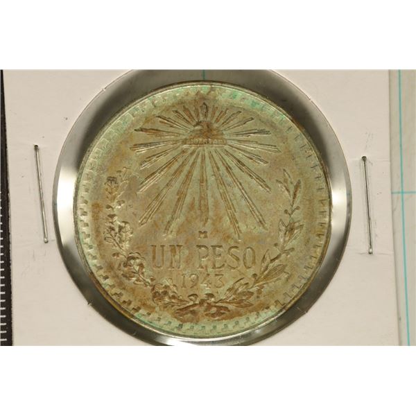 1943-M MEXICO SILVER CAP & RAYS PESO .3857 OZ. ASW