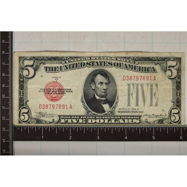 1928-B US $5 RED SEAL BILL