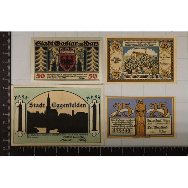 4 GERMAN NOTGELDS: NO DATE 1 MARK, 1921 TWENTY