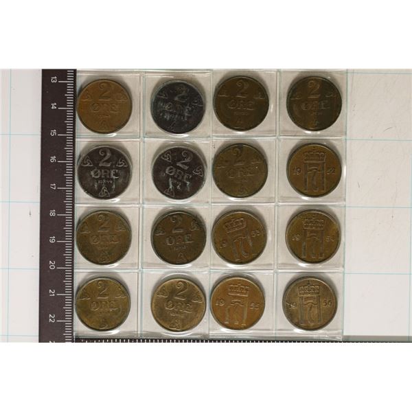16 NORWAY 2 ORE COINS: 1940-1956. INCLUDES THE