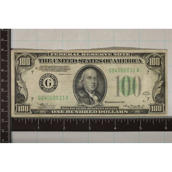 1934-A US $100 FRN GREEN SEAL BILL EF-AU