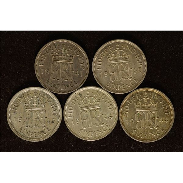 1941, 42, 43 & 2-1944 GREAT BRITAIN SILVER 6 PENC