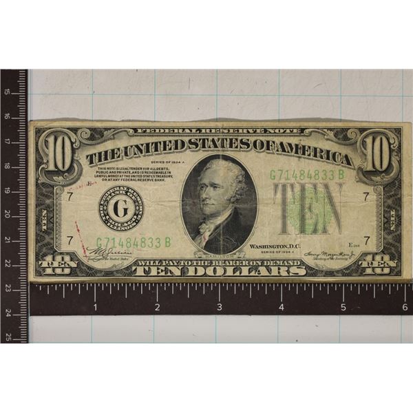 1934-A US $10 FRN GREEN SEAL BILL WITH INK ON THE