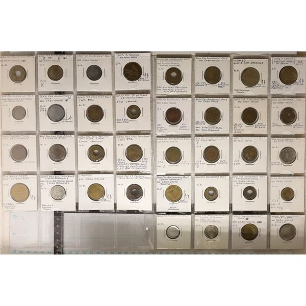 36 ASSORTED METAL AMUSEMENT GAMING TOKENS: