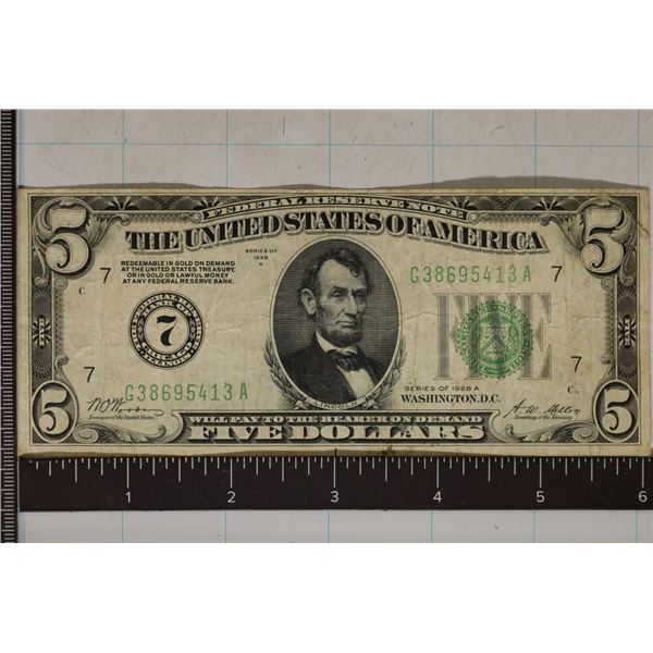 1928-A US $5 FRN GREEN SEAL REDEEBABLE IN GOLD ON