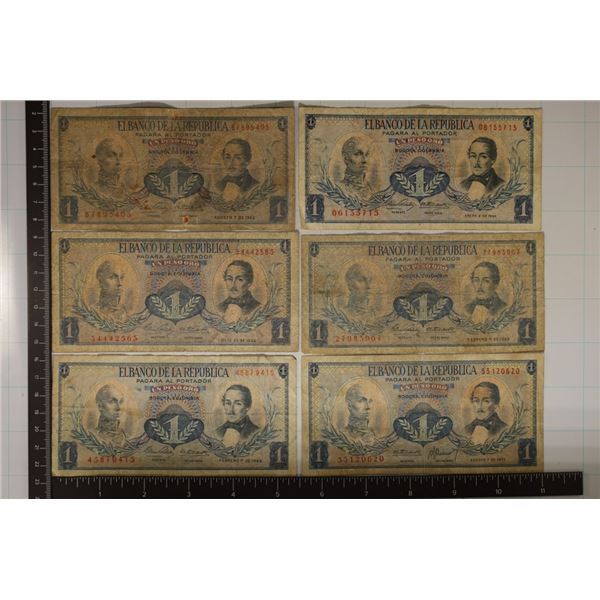 6-BOGOTA COLUMBIA 1 PESO BILLS: 1-1962 WITH