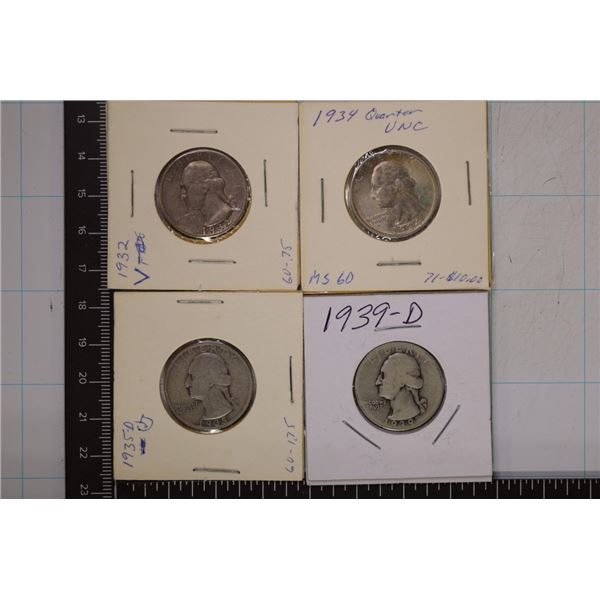 1932, 34, 35-D & 1939-D WASHINGTON SILVER QUARTERS