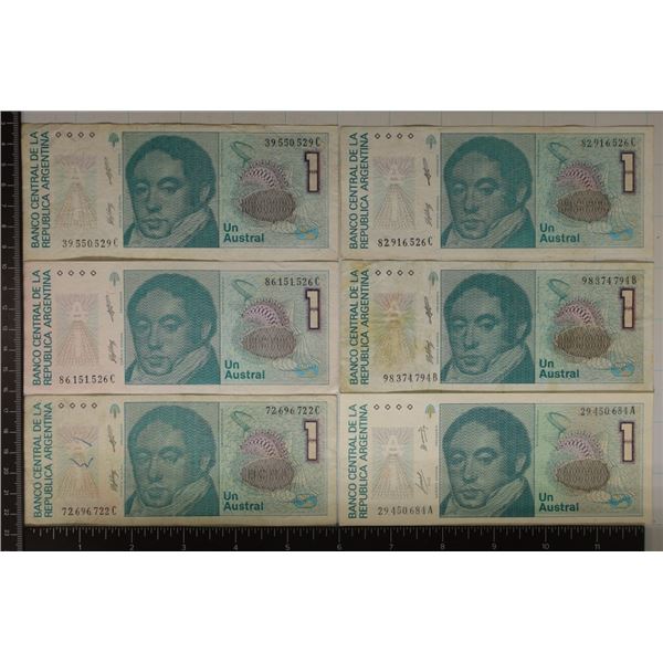 6-ARGENTINA ONE AUSTRAL BILLS, CIRCULATED