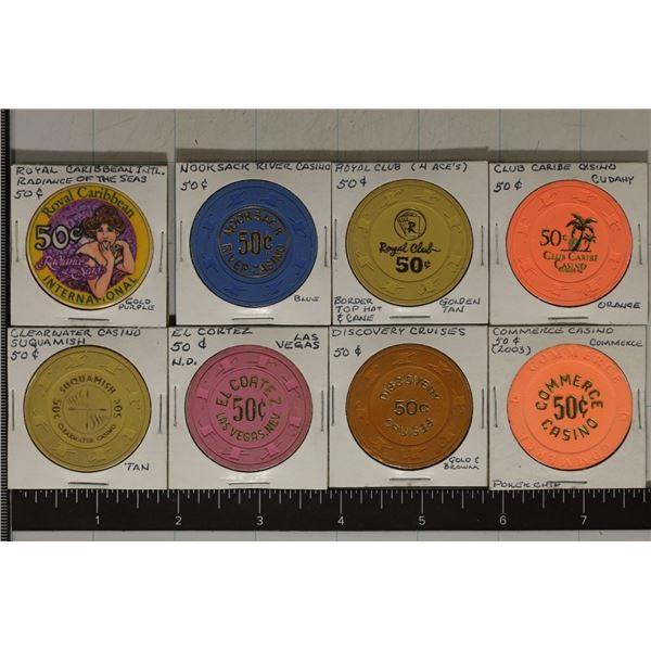 8-50 CENT PLASTIC CASINO CHIPS: SEE PICTURES