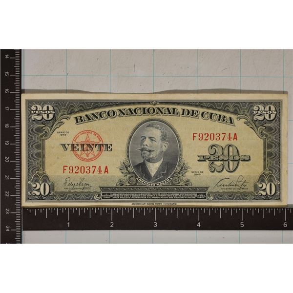1949 CUBA 20 PESO BILL WITH "ANTONIO MACEO" ON THE