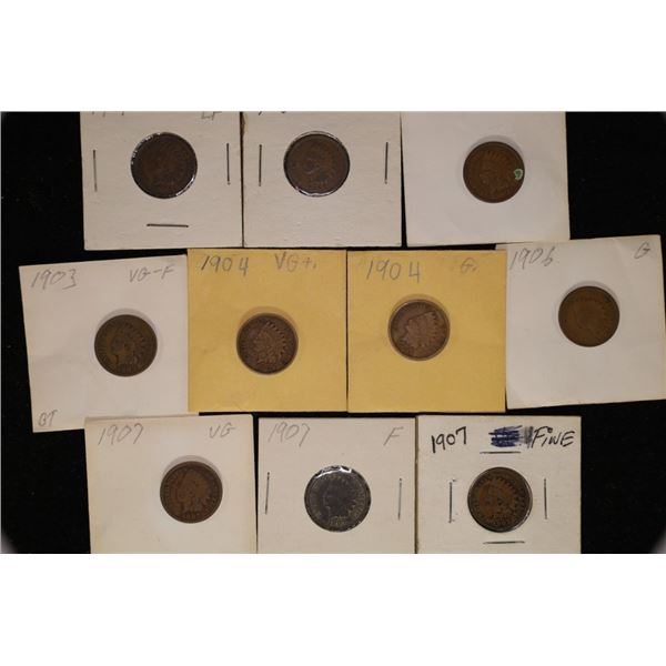 10 ASSORTED INDIAN HEAD CENTS: 1901-1907