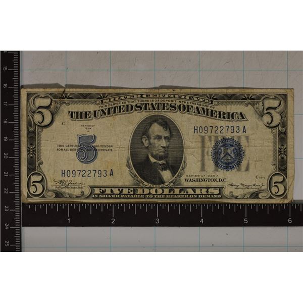 1934-A US $5 SILVER CERTIFICATE BLUE SEAL TEAR