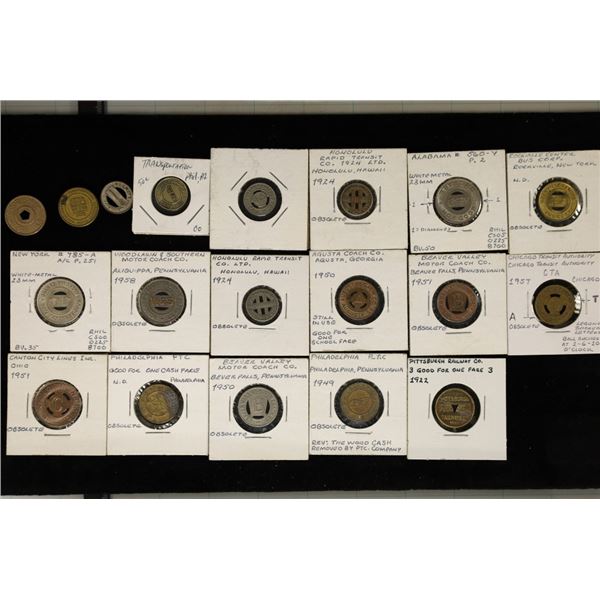 19 ASSORTED METAL TRANSPORTATION TOKENS: