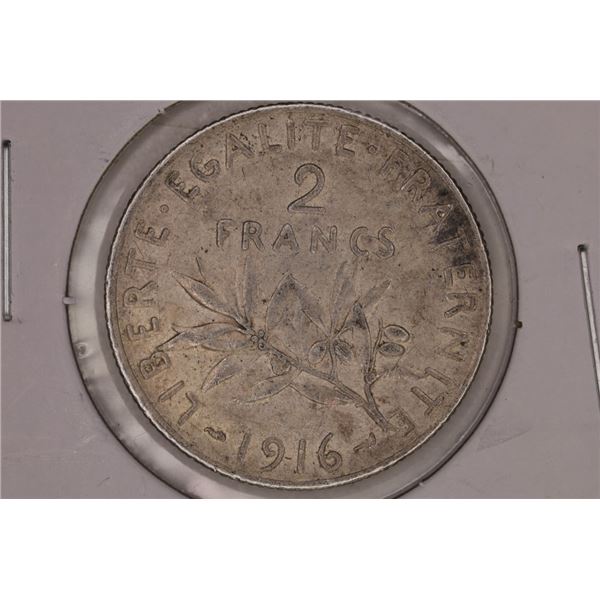 1916 FRANCE SILVER 2 FRANCS .2685 OZ. ASW