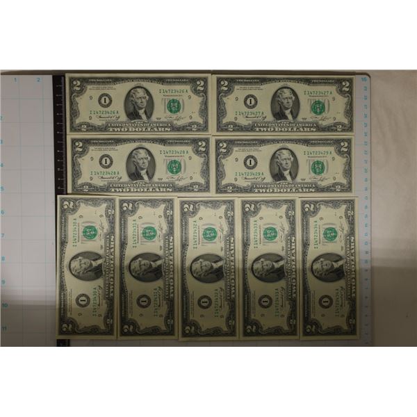 9-US $2 FRN'S WITH CONSECUTIVE SERIAL NUMBERS ALL