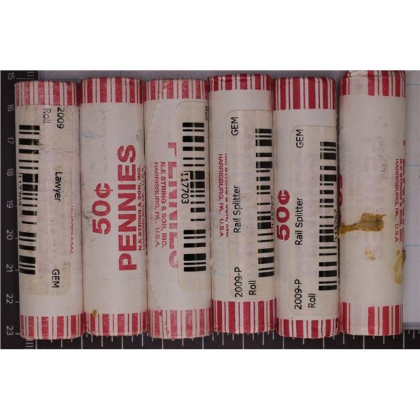 6 SOLID DATE ROLLS OF 2009-P LINCOLN CENTS: