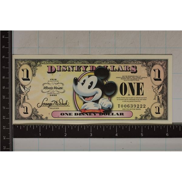 2008 ONE DISNEY DOLLAR CRISP UNC COLORIZED BILL