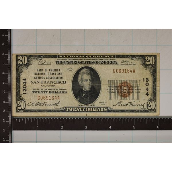 1929 US $20 NATIONAL CURRENCY OF SAN FRANCISCO