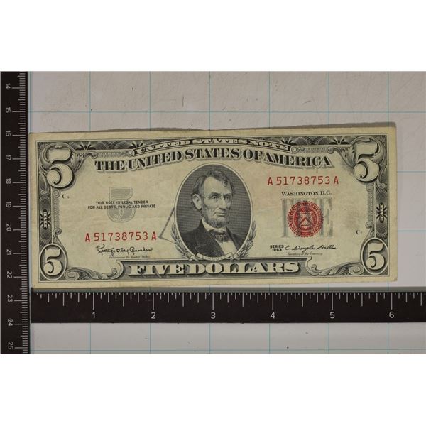 1963 US $5 RED SEAL NOTE PARTIAL INK STAMP LEFT OF
