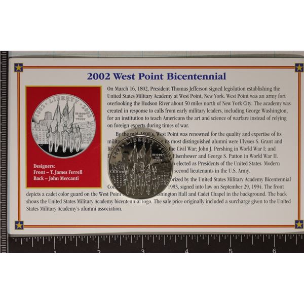 2002-W US PROOF SILVER DOLLAR WEST POINT BICENTEN.