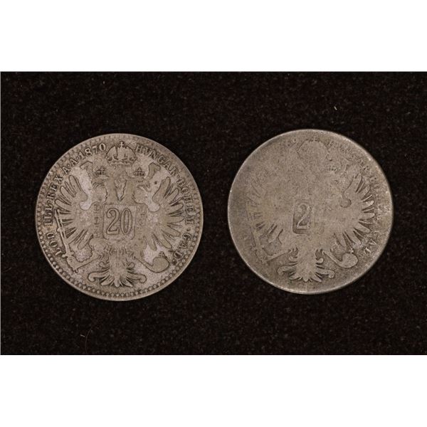 2-AUSTRIA 20 KREUZER SILVER COINS 1870 & 1869
