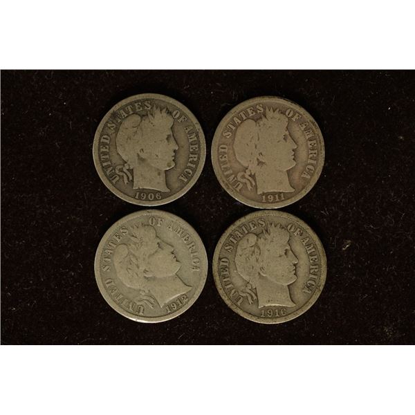 1906, 11-D, 12-D & 1916 SILVER BARBER DIMES