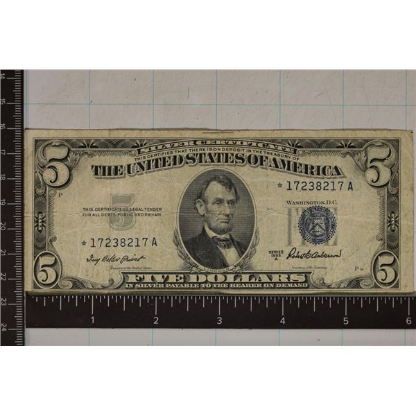 STAR NOTE 1953-A US $5 SILVER CERTIFICATE BLUE