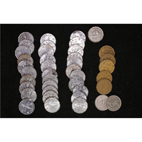 40 ASSORTED CANADA 5 CENT COINS: 2-1939,