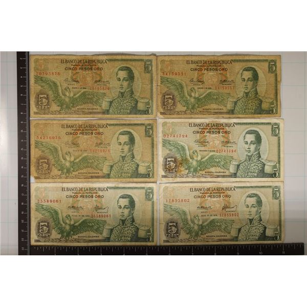 6-BOGOTA COLUMBIA 5 PESO BILLS: 2-1961,