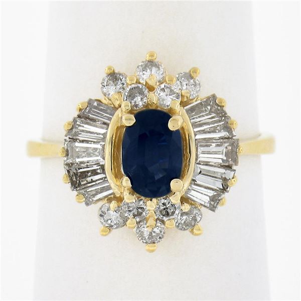 Estate 14k Gold 1.84 ctw Oval Sapphire & Baguette Diamond Ballerina Cocktail Rin