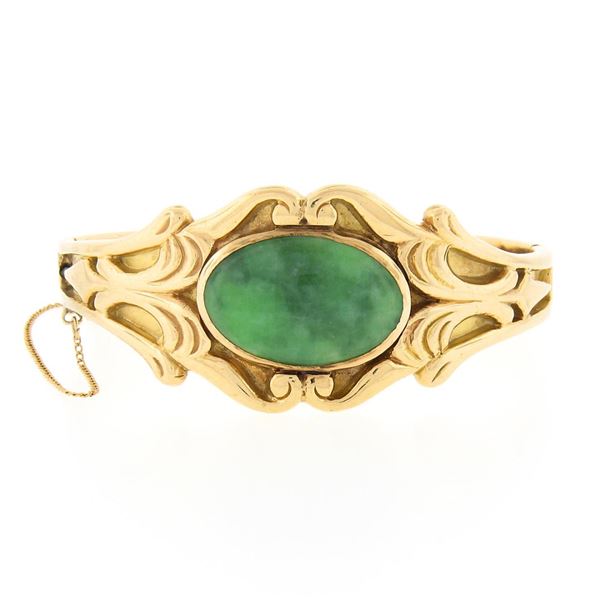 Vintage 14k Gold 6" Oval Cabochon Bezel Jade Wide Hinged Open Bangle Bracelet