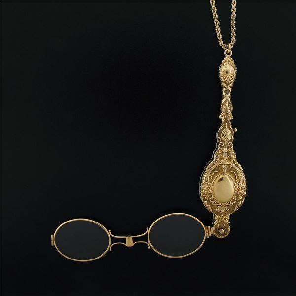 Vintage 14k Gold Collectible Lorgnette Opera Glasses & 35" Rope Chain Necklace