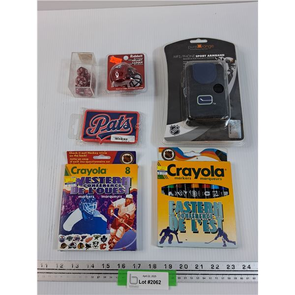 Sports Lot: Crayola Markers, Pats, Dice Mini Football Helmet, MP3 Sport Arm Band