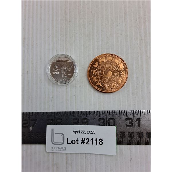 Copper US Zodiac Token & $20 Silver 2012 Canadian Coin - Cannot Guarantee Authenticity