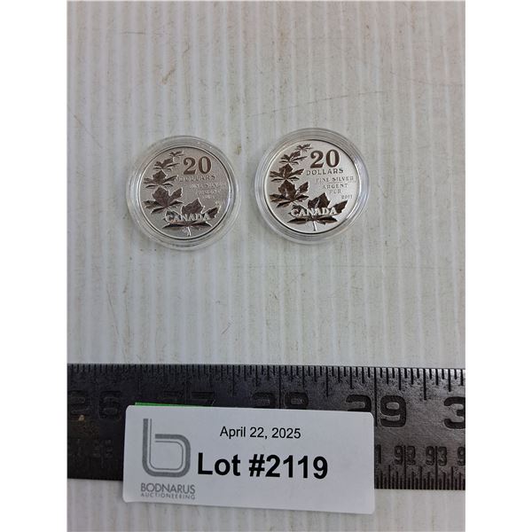 (2) $20 2011 Silver Canadian Coins - Cannot Guarantee Authenticity