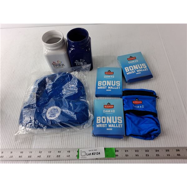 (3) Wrist Wallets, Blue Ribbon Toque, (2) Tiim Horton's Brier Ceramic Steins