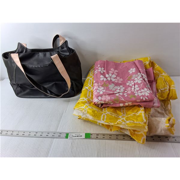 Mary Kay Faux Leather Purse, Plastic Umbrella Tablecloth, Small Fabric Tablecloth