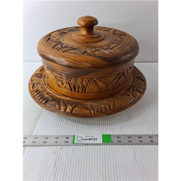 Etched Wooden Rotating Tray with Lid 15.5" Diameter