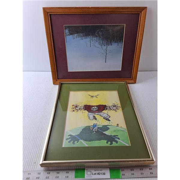 (2) Framed Art Pieces- Wolf & Football