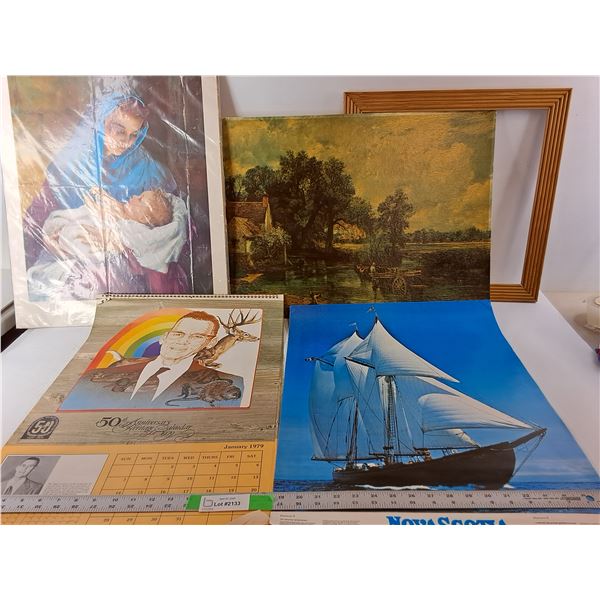 (4) Art Pieces- Virgin Mary, Blue Nose Ship, Pioneer Painting, Sask Wildlife Federation Calendar