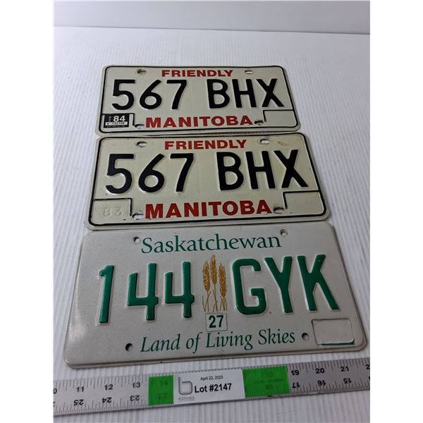 (3) License Plates- Saskatchewan/Manitoba