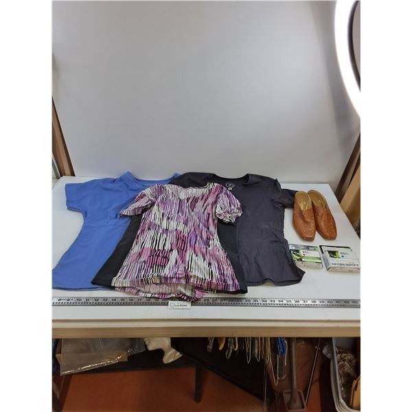 (3) Women's Scrubs Size Medium, Greenwich Village Women's Shoes Size 7D, Printer Inks