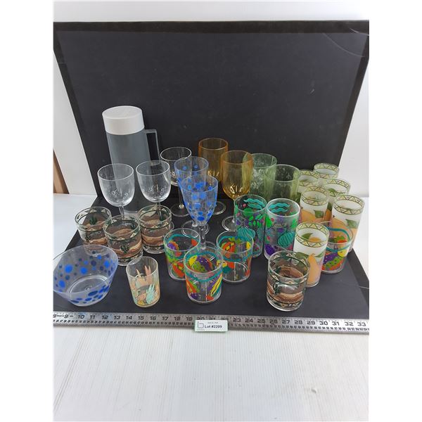 Assorted Plastic Drinking Glasses, Thermos, Bowl