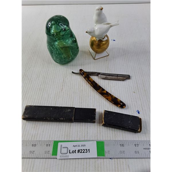 Paperweight, Ceramic Made in Germany Doves and a Straight Razor