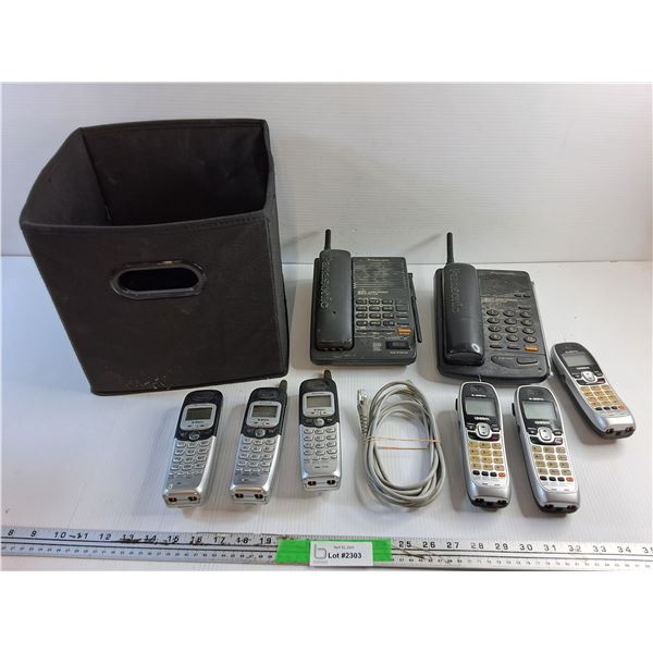 Vintage Uniden and Panasonic Telephones and Storage Tote Box
