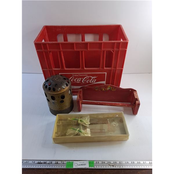 Coca Cola Bottle Crate, Wall Hanging Towel Holder, Knife & Cake Spatula and Vintage Propane Heater